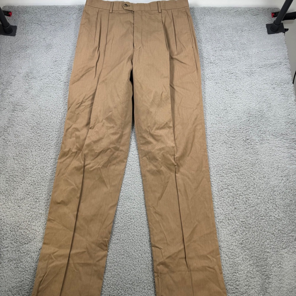 JOS A BANK Windsor Tan Pin Stripe Pleated Dress Pants Men Size 36 Cotton‎ Blend